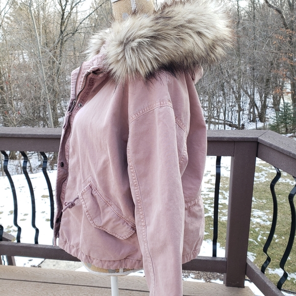 American Eagle military style parka faux fur hood mauve dusty rose medium crop - Picture 5 of 14